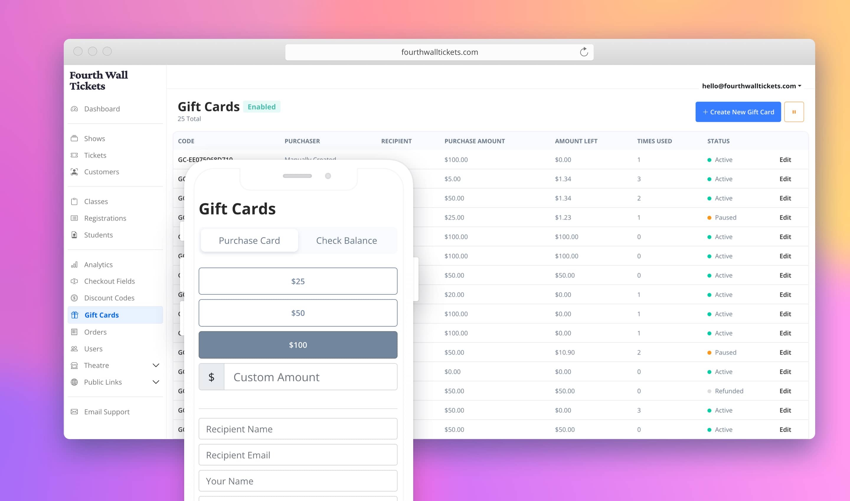 Screenshot of Gift Cards